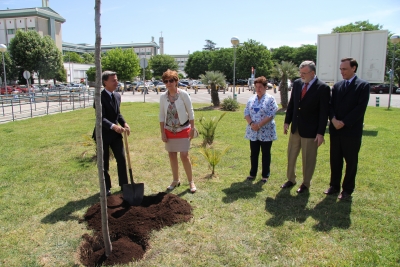 De izq a dcha Rafael Jordano, Julia Angulo,   Ana Rojas, Jose Manuel Roldn y Jose Carlos Gmez en el momento de plantar el rbol